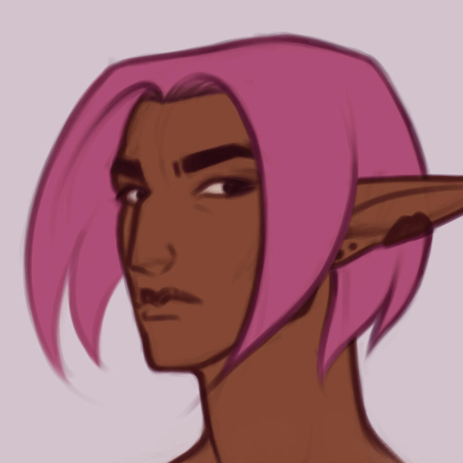3/4 view drawn portrait of Foxglove, an elezen with warm brown skin and chin-length magenta hair